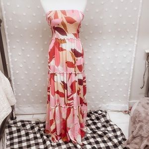 Abel the Label Pink Leaf Strapless Tiered Maxi Dress Size XS